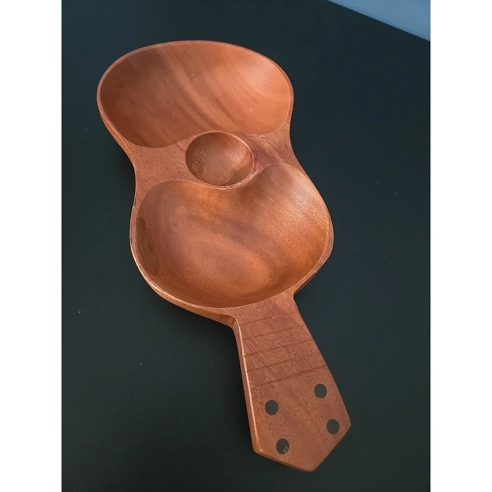 Vintage Kamani Wood Ukulele Guitar Shaped Trinket Dish Bowl 12.5